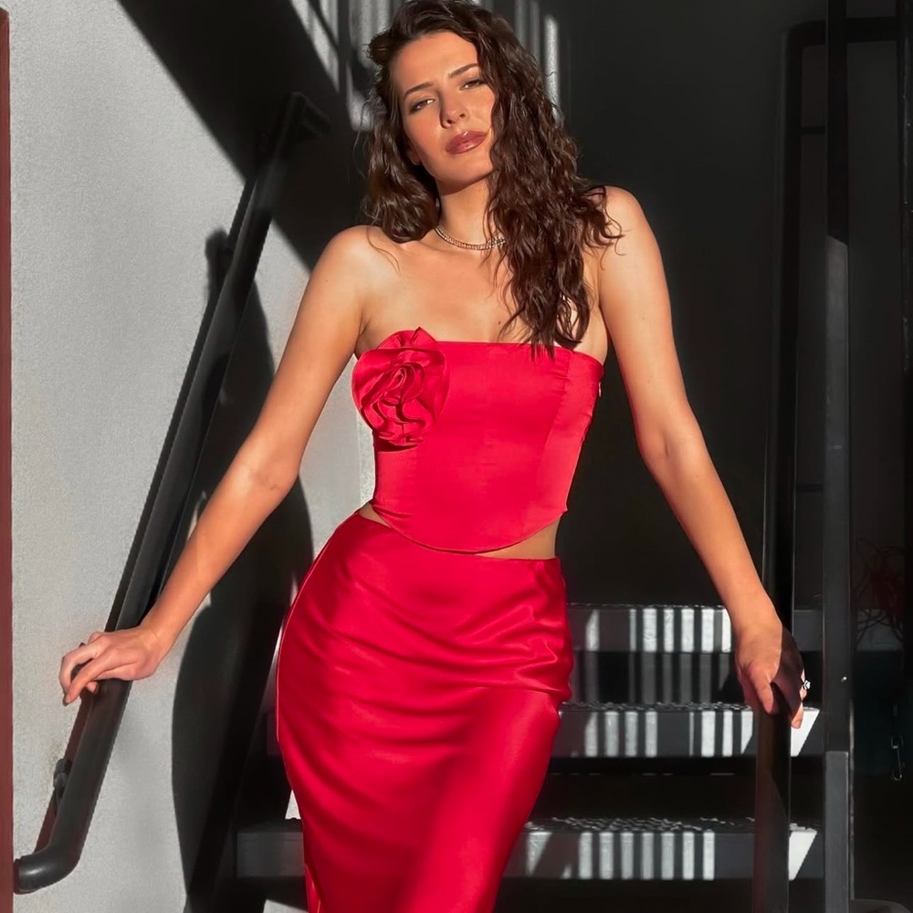 NWT Revolve NBD Chiara Bustier Top & Midi Skirt in Red